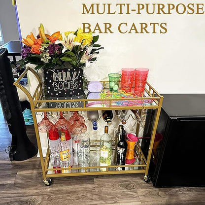 KAKO Gold Bar Cart, Gold Bar Cart with Wheels, Home Bar & Serving Carts with 2 Mirrored Shelves, Bar Carts for The Home, Kitchen, Dining Room, Dining Party