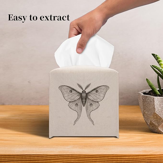 Grace Yonks Minimal Tissue Box Cover Square - Vintage Moth Study Design 5.2" PU Leather Holder for Vanity, Desk, or Bathroom Counter - Cube Case for Facial Tissues. (118)