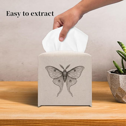 Grace Yonks Minimal Tissue Box Cover Square - Vintage Moth Study Design 5.2" PU Leather Holder for Vanity, Desk, or Bathroom Counter - Cube Case for Facial Tissues. (118)