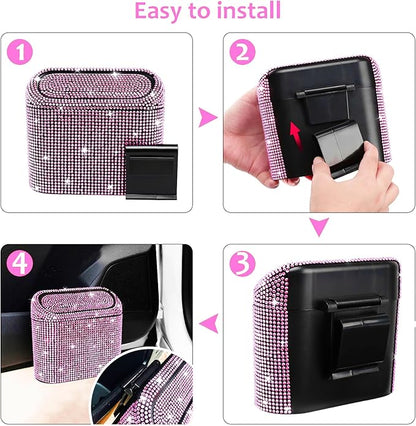 Accmor Bling Car Trash Can with Lid, Vehicle Trash Bin Car Dustbin Garbage Organizer Storage, Sparkling Crystal Mini Auto Trash Bags Holder Container with 30pcs Garbage Bags for Cars, SUV, Truck