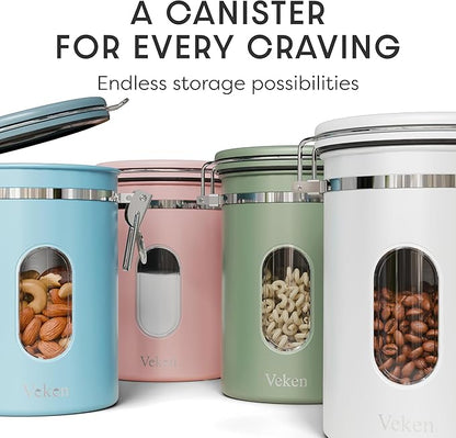 Veken Coffee Canister with Window, Airtight Stainless Steel Kitchen Food Storage Container with Lids, Date Tracker and Scoop for Ground, Beans, Tea, Flour, Cereal, Sugar Jars, 22OZ, Pink