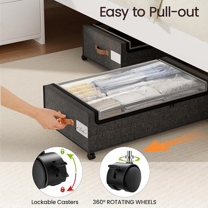 Yecaye 82 L Under Bed Storage with Wheels, 9.4 in Under Bed Storage Containers, Large Under Bed Shoe Storage with Lids, Rolling Underbed Storage bins for Clothes, Blankets, Grey