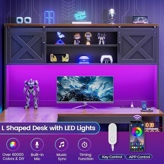 SEDETA 67" L Shaped Desk with Hutch, Farmhouse Executive Office Desks with Drawers & Sliding Doors, L Shaped Gaming Desk with Storage Shelves & Power Outlets, Corner Gaming Desk with LED Lights, Black