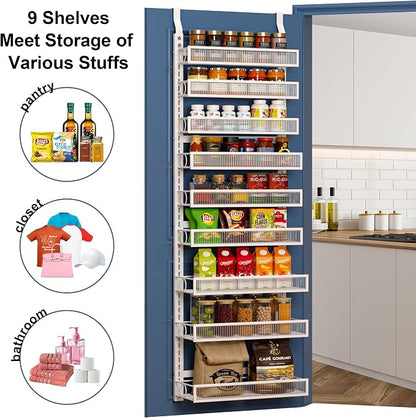 Over the Door Pantry Organizer 9 Tier Hanging Door or Wall Mounted Spice Rack with Adjustable Acylic Basket,Heavy Duty Metal Seasoning Storage Shelf for Kitchen Pantry and Bathroom White