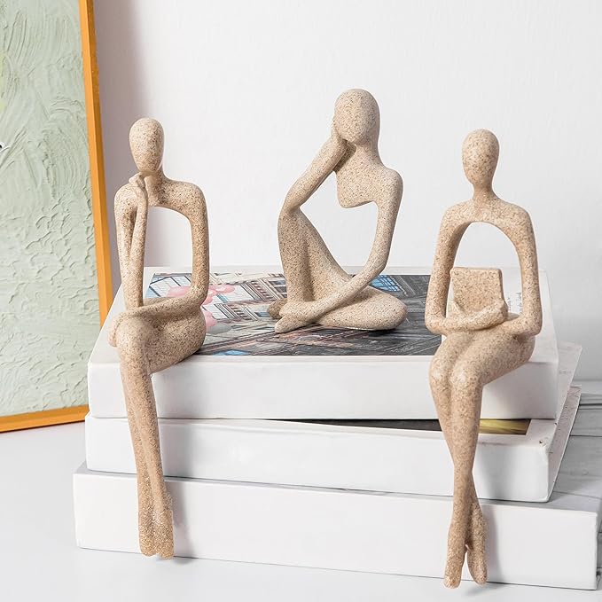 Gold Home Decor Thinker Statue Accents, Set of 3 Thinker Sculptures Office Decor Modern Abstract Resin Decoration on Shelf Table Desk for Living Room Office Bedroom (Large Sandstone)