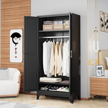 Metal Wardrobe Cabinet with Hanging Rod, 71" Metal Clothing Storage Cabinets with 2 Doors and Adjustable Shelves, Black Armoire Wardrobe Closet for Bedroom, Laundry Room, Cloak Room