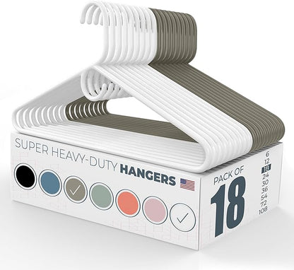 Neaties Super Heavy Duty Clothes Hangers 18 Pack – Made in The USA - 10lb Capacity, Thick Plastic Hangers for Pants, Coats, Jackets, Jeans and Adult Clothing – White & Gray