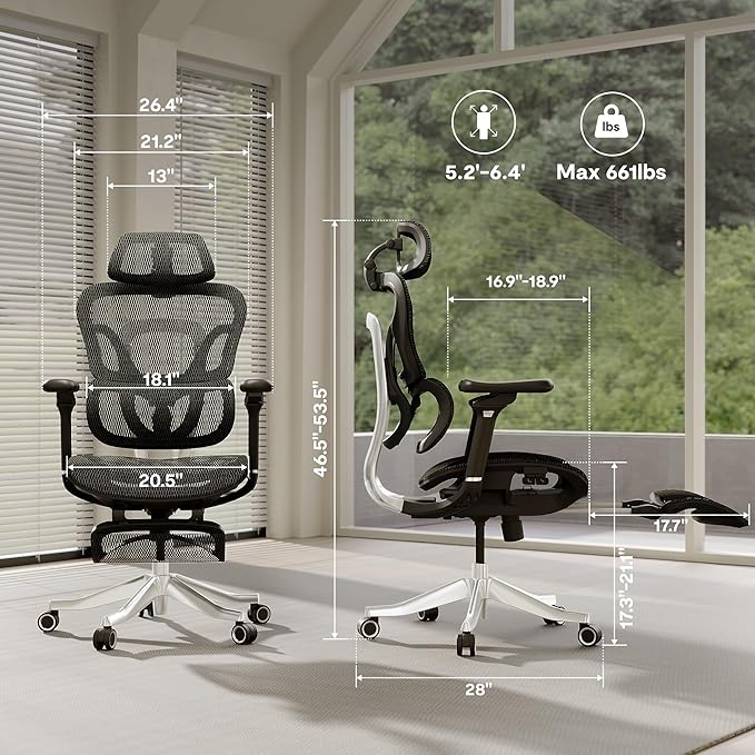 FLEXISPOT ErgoX Max Ergonomic Office Chair with footrest Black - Aluminum Alloy Frame & Base, 661 lb Capacity, 5D Armrests, 4D Adaptive Lumbar & 4D Headrest