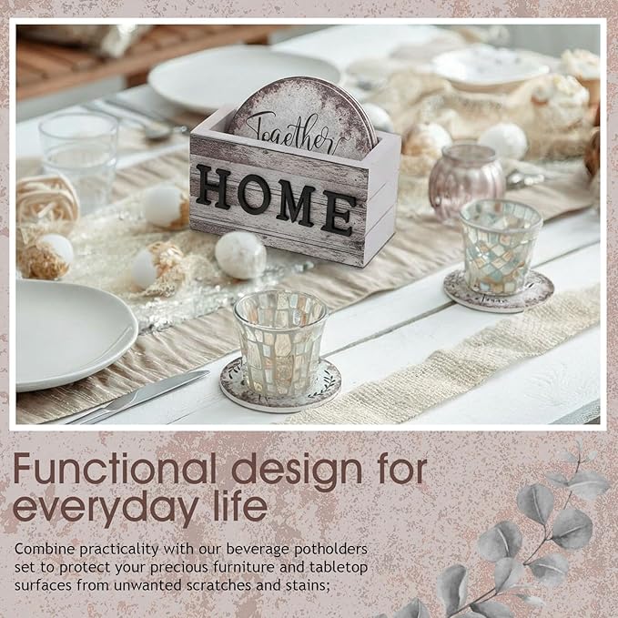 Queekay Coasters Set of 6 House Warming Gifts New Home Wooden Farmhouse Drink Coasters with Holder 4'' Funny Decoration for Kitchen Family Coffee Bar Tabletop Protection(Rust Color)