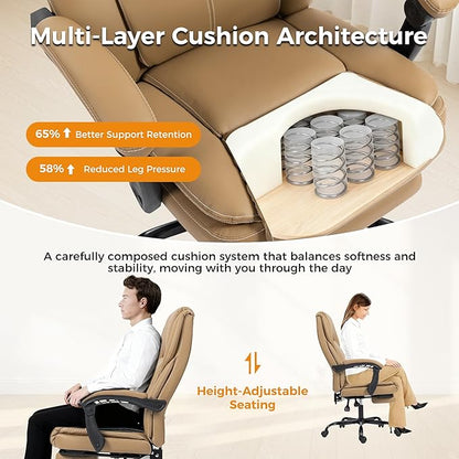 Office Chair with Footrest, Executive Breathable Leather Office Desk Chair with Lumbar Support - Ergonomic Comfy Wide Reclining Swivel Rolling Gaming Computer Chair with Adjustable 90-135° High Back