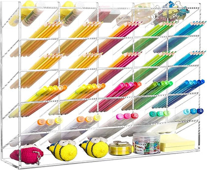 BEYGORM Acrylic Vertical Marker Organizer for 310 Markers with 26 Compartments, Clear Angled Pen & Pencil Holder, Large Desk Stationery & Art Supply Storage for Office & School (14.9 x 12.4 x 4 Inch)