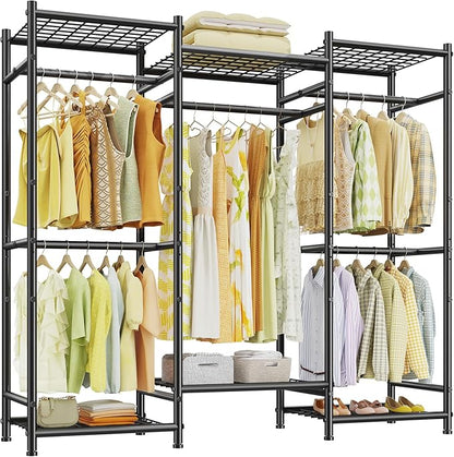 Raybee Portable Closet,Clothes Rack with 5 Hang Rods & 6 Shelves,Clothing Racks for Hanging Clothes,Metal Garment Rack for Bedroom,Large Capacity,Adjustable,Stury 66.5" Wx15.75 Dx74.8 H Black