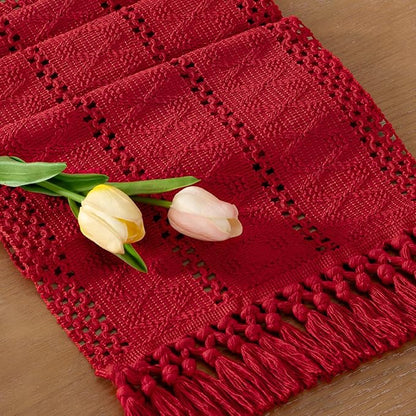 Socomi Boho Table Runner Valentine's Day Farmhouse Rustic Dining Kitchen Centerpiece Decor Small Macrame Woven Cotton Linen Coffee Table Runner for Dresser Scarf Home Decor 12x60 in Red