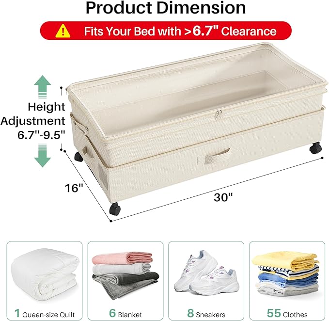 Kitstorack 2Pack Height-adjustable Under Bed Storage with Wheels, Under Bed Storage Containers,Under Bed Shoe Storage Organizer with Clear Window&Label, Suitable for Clothes Storage, Beige