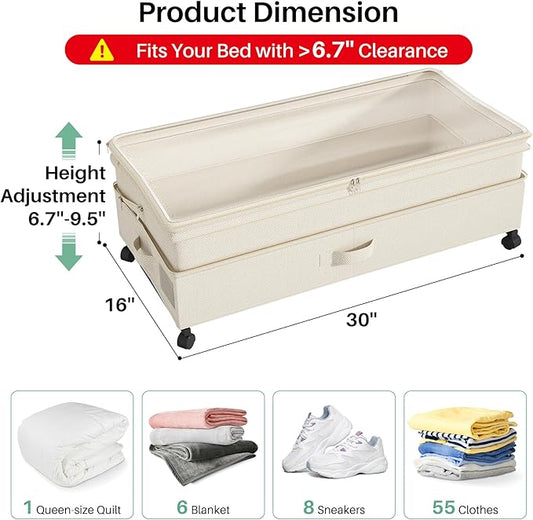 Kitstorack 2Pack Height-adjustable Under Bed Storage with Wheels, Under Bed Storage Containers,Under Bed Shoe Storage Organizer with Clear Window&Label, Suitable for Clothes Storage, Beige