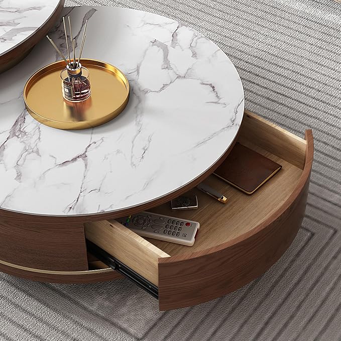 Lartis Nesting Coffee Table with Drawer Round Coffee Table Sintered Stone Coffee Table