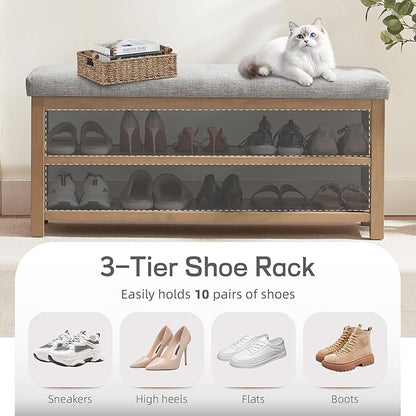 Shoe Rack Bench with Cushion, 2 Tier Solid Wood Storage Bench, Mid-Century Modern Shoe Bench for Entryway, Hallway, Closet, Front Door Entrance, Foyer (Grey, 46.5")