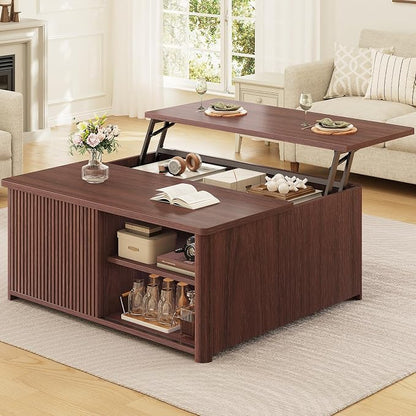 SEDETA 31.5" Lift Top Coffee Table with Storage, Square Coffee Tables for Living Room, Fluted Coffee Table with Large Hidden Storage Compartment and Adjustable Shelves, Walnut