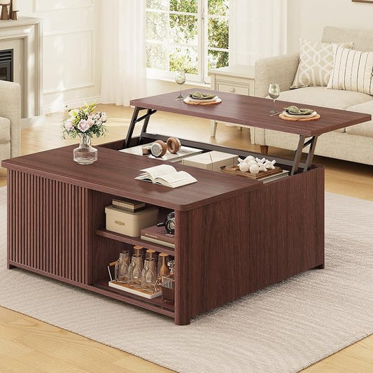 SEDETA 31.5" Lift Top Coffee Table with Storage, Square Coffee Tables for Living Room, Fluted Coffee Table with Large Hidden Storage Compartment and Adjustable Shelves, Walnut