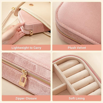 CASEGRACE Plush Velvet Travel Jewelry Box, Portable Jewelry Case for Women Girls, Double Layer Jewelry Organizer Display Box for Necklace Earring Rings Bracelet, Travel Accessory Gifts, Pink
