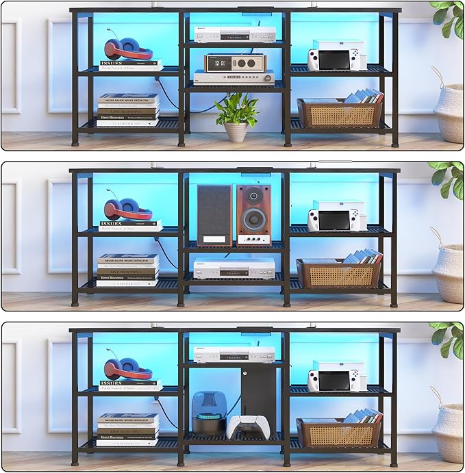YGEOMER Entertainment Center for TVs Up to 50 Inch, Entertainment Stand with Power Outlet and LED Lights Open Storage Shelves, TV Console Table for Living Room and Bedroom, Black
