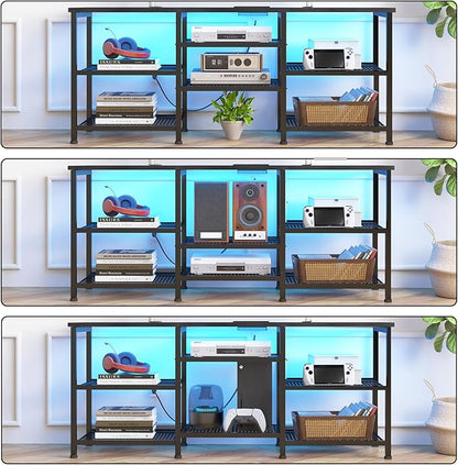 YGEOMER Entertainment Center for TVs Up to 50 Inch, Entertainment Stand with Power Outlet and LED Lights Open Storage Shelves, TV Console Table for Living Room and Bedroom, Black