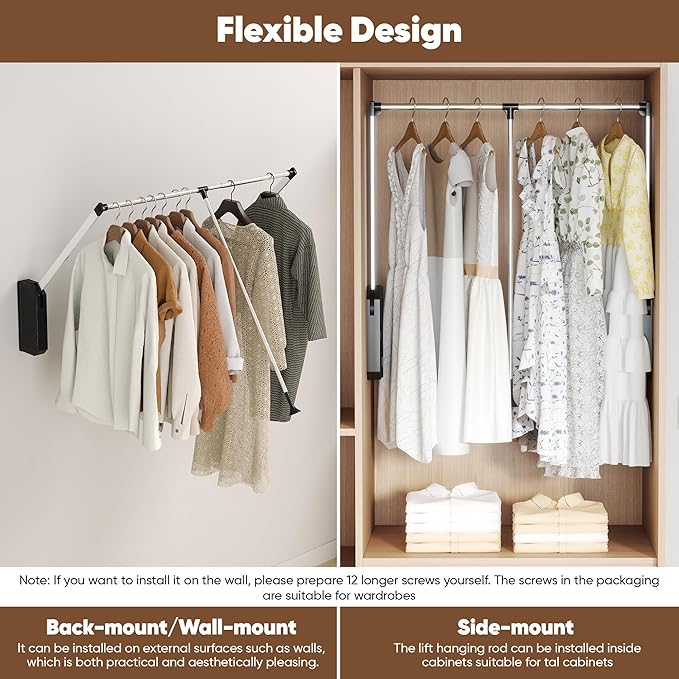Pull Down Closet Rod Adjustable Width 26-35 Inches Floating Shelves Liftable Clothes 60lbs Hanger Heavy Duty Wardrobe Organizer Adjustable Home Clothes Storage Side & Back Mounted Closet Pole
