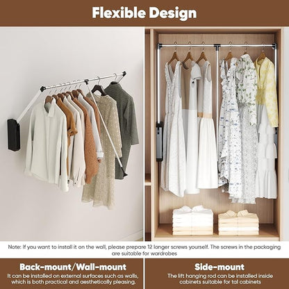 Pull Down Closet Rod Adjustable Width 26-35 Inches Floating Shelves Liftable Clothes 60lbs Hanger Heavy Duty Wardrobe Organizer Adjustable Home Clothes Storage Side & Back Mounted Closet Pole