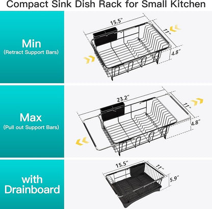 JASIWAY Black Sink Dish Drying Rack with Drainboard, Expandable Stainless Steel Dish Drainers for Kitchen Counter, Space Saving Dish Dryer Rack, Over The Sink Dish Racks with Utensil Holder