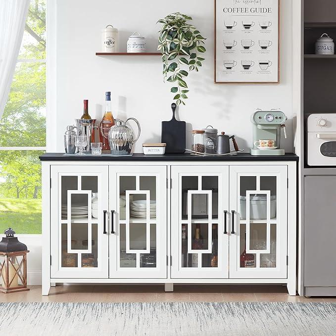 Large Sideboard Buffet Cabinet with Storage, 63" Farmhouse White Kitchen Coffee Wine Bar Cabinet with 4 Glass Doors, Wood Mid Century Modern Side Board Table for Dining Room, Living Room