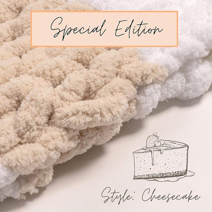 Adyrescia Chunky Knit Blanket Throw | 100% Hand Knit with Jumbo Chenille Yarn (50"x60", Oatmeal and White Stripes)