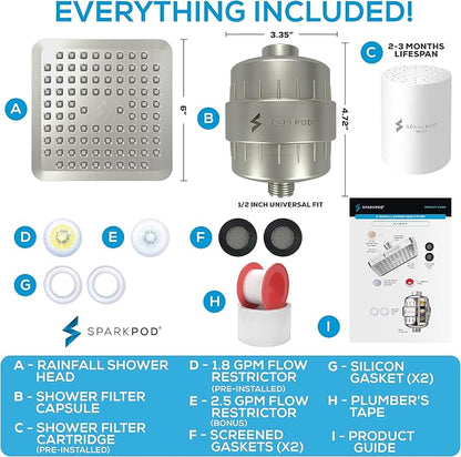 SparkPod 23-Stage Filtered Shower Head, 6" Square, Brushed Nickel | Filtered Shower Head for Hard Water Filter, High Pressure, Reduces Chlorine, Heavy Metals, For Dry Skin & Hair