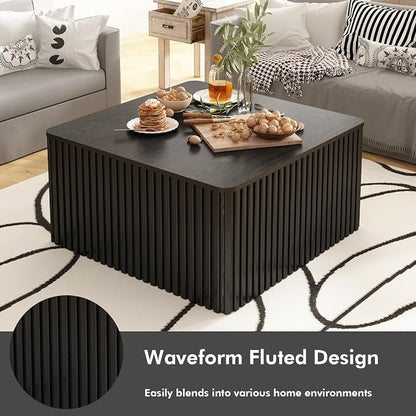 Fluted Square Coffee Table with Storage, Large Wood Center Table with Solid Wood Veneer Top, Mid Century Modern Low Coffee Table for Living Room, Black