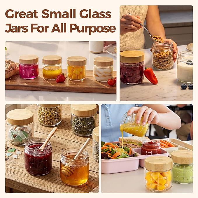 HomArtist 4oz Glass Salad Dressing Containers with Bamboo Lids - 6 Pack Small Airtight Condiment Cups, Leakproof Mini Sauce Jars for Picnic, Ketchup, Dip & Snacks, BPA-Free & Dishwasher Safe
