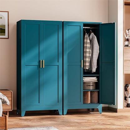 COFaR Armoire Wardrobe Closet, 71" Convertible 2-in-1 Metal Cabinet with Adjustable Rod & Shelves, Freestanding Hanging & Storage Organizer (Peacock Blue)
