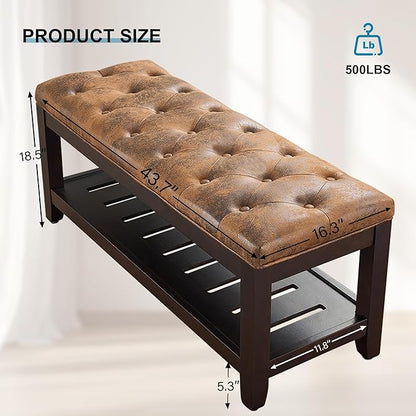 44" Ottoman Bench, Upholstered End of Bed Bench, Oversized Footrest with Wood Shelf torage Storage Bench for Bedroom, Entryway, Living Room, Light Brown(Suede)