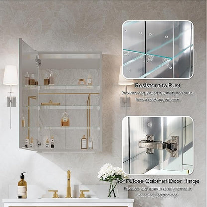 WELLFOR 20" x 30" Bathroom Medicine Cabinet, Anodized Chrome Aluminum Frame, Medicine Cabinet with Adjustable Glass Shelves, Bathroom Cabinet with Reverse Door Installation, Surface or Recessed Mount