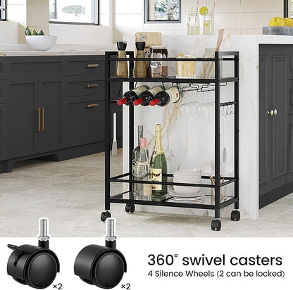 Bar Cart with Wine Rack, Serving Cart for Home, Microwave Cart, Drink Cart, Mobile Kitchen Shelf with Glass Holder, Rolling Beverage Cart for Dining Room (Black)