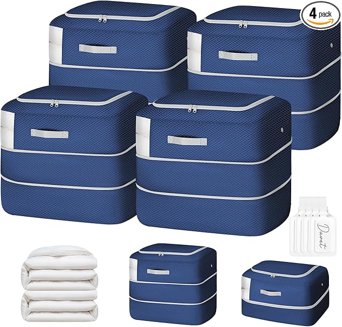 Comforter Storage Bag - 110L Large Capacity Blanket Storage Bags Ultra Space Saving Self Compression Organizer, Washable Compression Bags for Storage Comforter Blanket, 4-Pack, Navy Blue