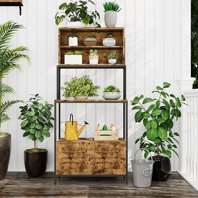 GarveeHome 6-Tier Kitchen Bakers Rack with Power Outlets, Microwave Stand Coffee Bar Cabinet with Storage Shelves & Louvered Door for Home Office Living Room, Rustic Brown