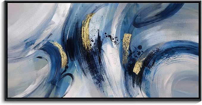 Abstract Line Art Framed Canvas - Modern Blue and Grey, Large 24x48 Inches, Minimalist Bedroom & Living Room Art, Ready to Hang