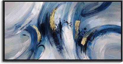 Abstract Line Art Framed Canvas - Modern Blue and Grey, Large 24x48 Inches, Minimalist Bedroom & Living Room Art, Ready to Hang