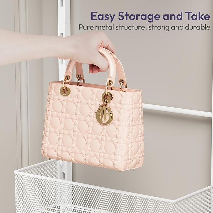 SWTYMIKI Over The Door Purse Organizer - Wall Mounted Purse Rack with 4 Adjustable Metal Basket and 6 Hooks, Hanging Bag Rack for Handbag Organizer, Bag Storage Can Use As 1/2 Part, for Door, Closet