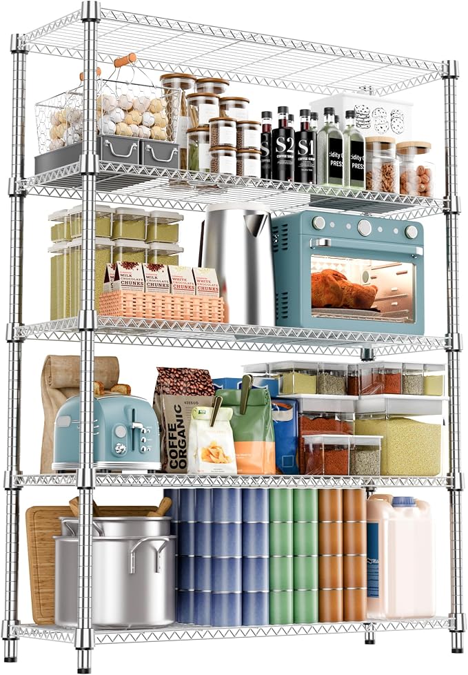 M MZG 1750LBS 47.2" W 5 Tiers Shelf Steel Storage Shelves Metal Shelving Unit Steel Organizer Wire Rack for Home,Kitchen,Office,Garage Chrome 17.7" D x 47.2" W x 72.4" H