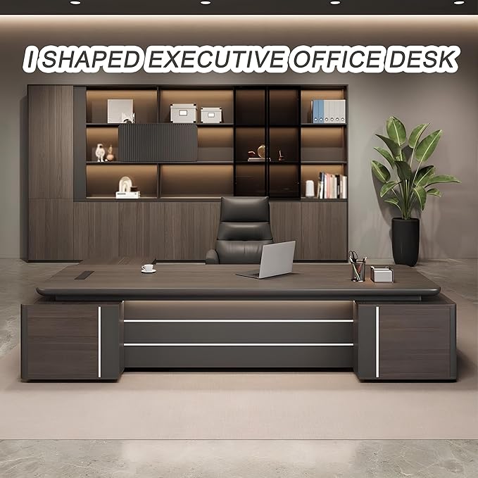 L-Shaped Executive Desk – Modern Executive Desk with Drawers, and Storage, Sturdy Wood & Metal Construction, Aluminum Inlaid Surface for Home & Office Workstation (B-Right, L 220cm/86.6in)