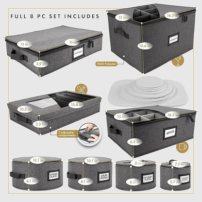 HOMELUX THEORY 8pcs Hard Shell China Storage Containers, Mug Storage, Wine Glass, Utensils, & Plate Storage Containers with Lid, Heavy Duty Dinnerware Storage for Packing Plates, Glassware & Cutlery