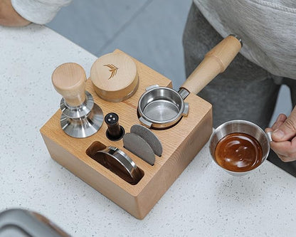 58mm Espresso Tamping Station Compact Portafilter Stand and Coffee Accessories Organizer for Espresso Machines with Tamper Holder, Distributor Slot, and Multi-Accessory Storage