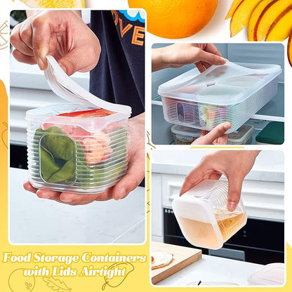 Rtteri 2 Sets Fridge Organizer Divided Serving Tray with Lid Yakumi Pans Seasoning Condiment Container Stackable Refrigerator Organizer with Airtight Lids No Bpa for Veggies, Fruit, Herbs, Spices