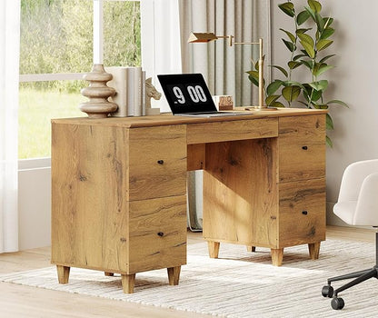 WAMPAT Executive Desk with 4 Deep Drawers, 58 Inch Modern Wooden Office Desk with Charging Station & Keyboard Tray, Home Office Large Computer Desk, Work & Study Writing Desk, Oak Brown