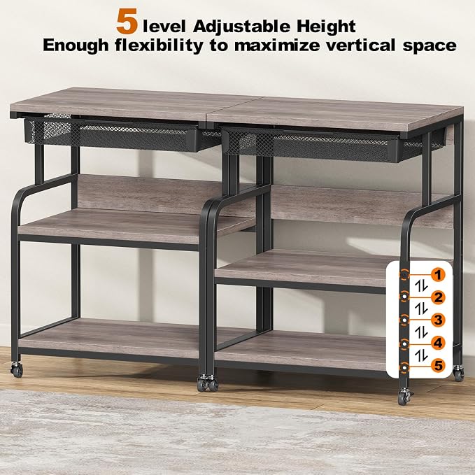 EasyCom 23.6''x18.9'' Extra Large Printer Stand with Drawer, 5-Adjustable Heights 3 Tier Table with Wheels, Rolling Printer Cart with Storage for Printer Scanner Fax Home Office Use